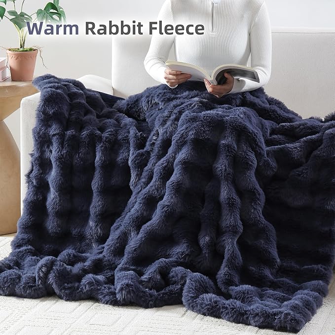 Smoofy Faux Fur Throw Blanket for Couch – Navy Blue Fluffy Cozy Rabbit Fleece, Plush Soft Bubble Blanket for Sofa & Bed, for Mom, Warm Fuzzy Home Room Decor Throw 50" x 60"