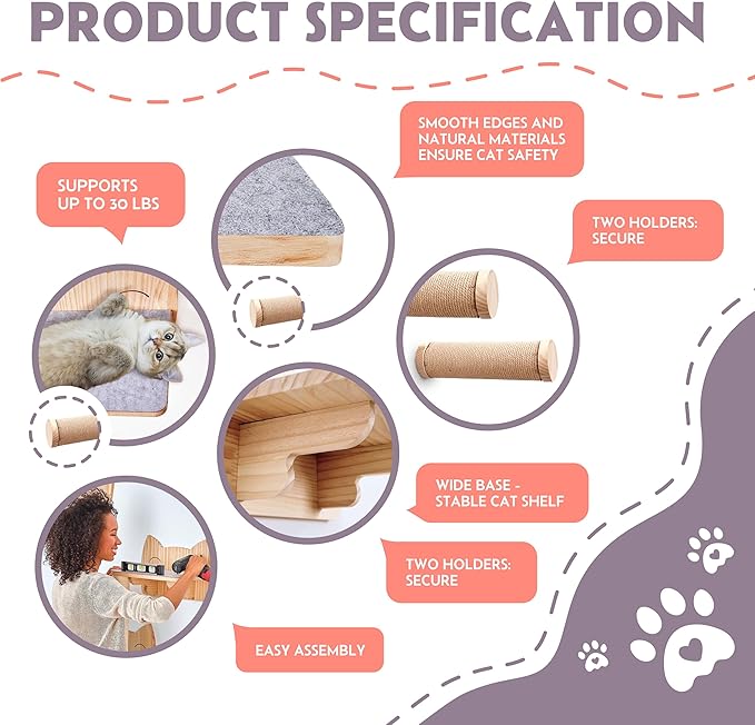 IDAE Cat Wall Shelves Set of 3 – Solid Wood Cat Shelf with 2 Wall Steps - Modern Climbing Furniture for Large Indoor Cats - Space-Saving Natural Perch Set