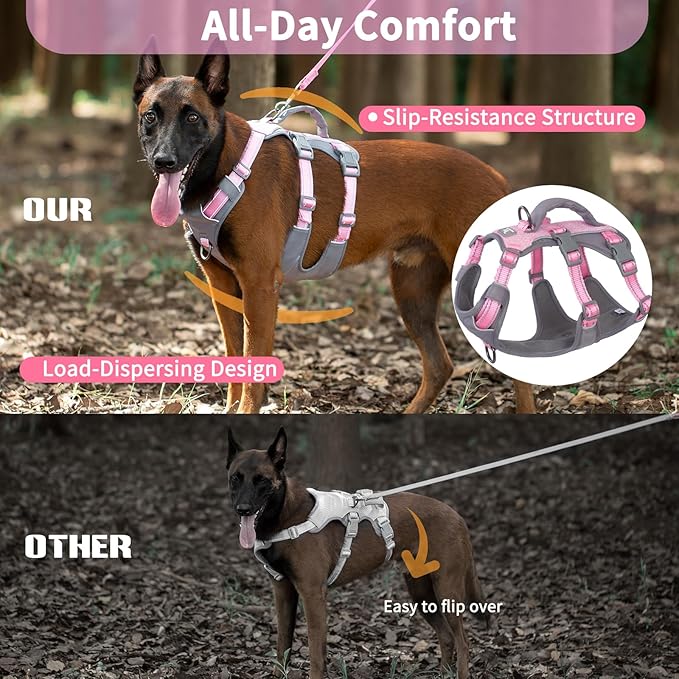 Huntboo Reflective Dog Harness with Handle, Escape Proof, No Slip, Breathable, Lightweight, Adjustable Lift Harness for Small, Medium, and Large Dogs Walking, Training, and Running Gear(Light Pink,M)