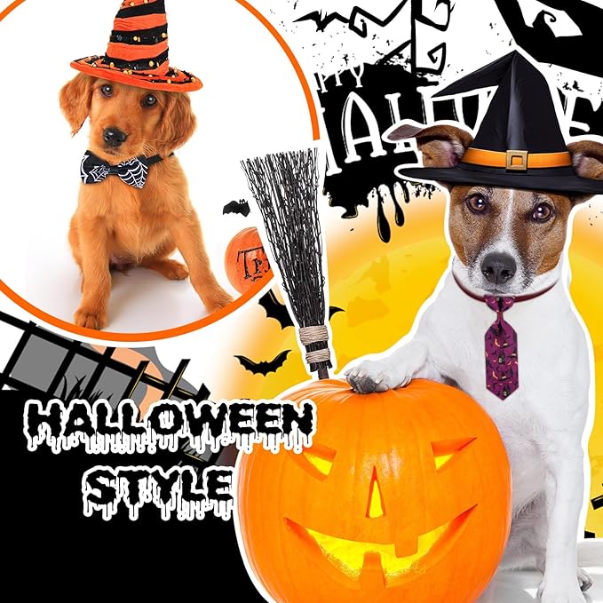 Eccliy 50 Pcs Halloween Dog Bow Ties Halloween Dog Collars Adjustable Puppy Hair Bows Neckties Set Pumpkin Ghost Pet Bow Ties Collar for Puppy Small Medium Large Pets