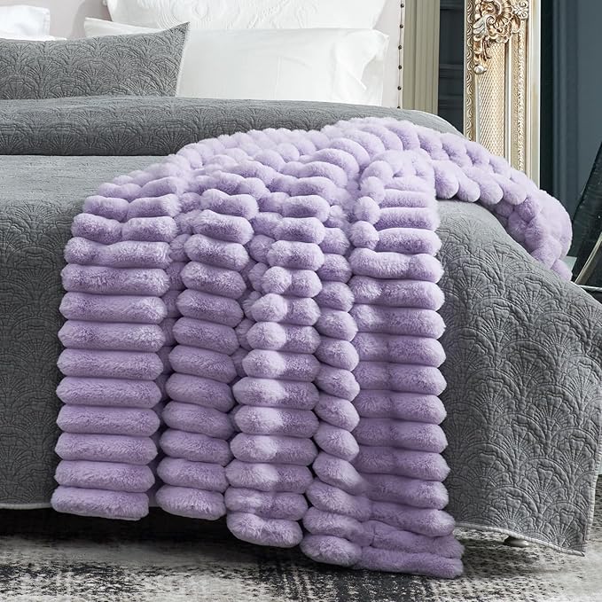 Cozy Bliss Faux Fur Throw Blanket for Couch, Cozy Warm Plush Striped Blanket for Sofa Bedroom Living Room, 60 * 80 Inches Lavender