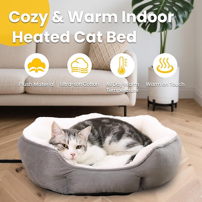 Heated Cat Bed Indoor for Cats & Small Dogs - Winter Warm Plush Round Pets Heating Bed, Ultra-Soft Velvet & Cotton Thermal Heated Dogs Bed for Cold Weather, Overheat Protection for Pets (20x20 Inch)