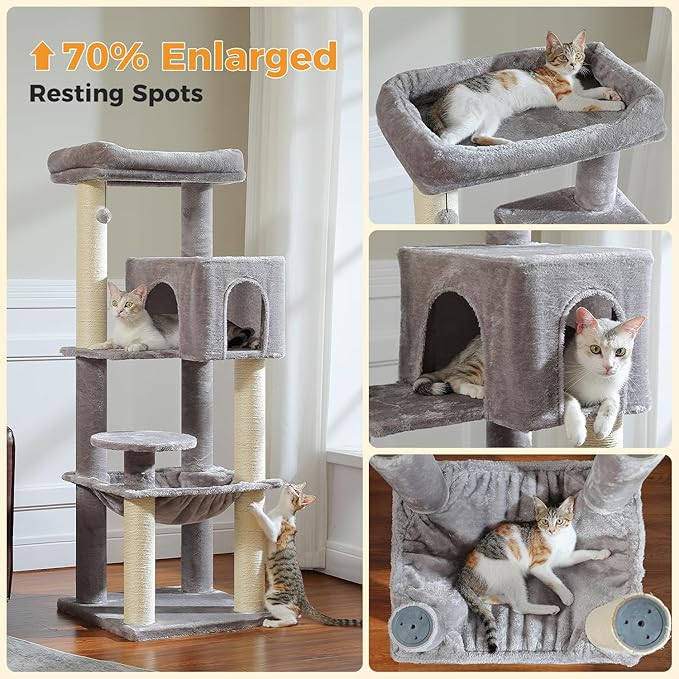 Large Cat Tree for Indoor Cats Large Adult, 57.8" Heavy Duty Cat Tower with 4 Reinforced Scratching Posts (φ3.7in) and Plush Larger Hammock for Maine Coon & Big Cats, Supports 30lbs, Grey