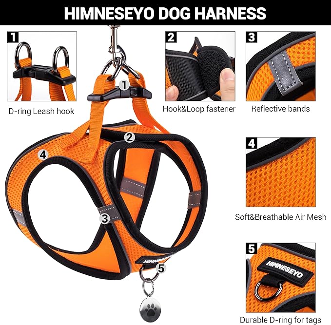 Dog Harness and Leash Set, Dog Harness for Dogs No Pull, No-Chock Step-in Reflective Breathable Lightweight Easy Walk Vest Harnesses with Safety Buckle for Small Medium Dogs, Cats (Orange, M)