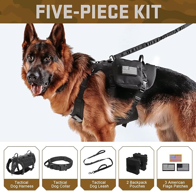 Forestpaw Tactical Dog Harness for Large Dogs,Tactical Dog Collar with Bungee Leash Set,No Pull Military Dog Harness for Walking Training,Adjustable for Medium Large Dogs,Black,Chest 21.5-45"