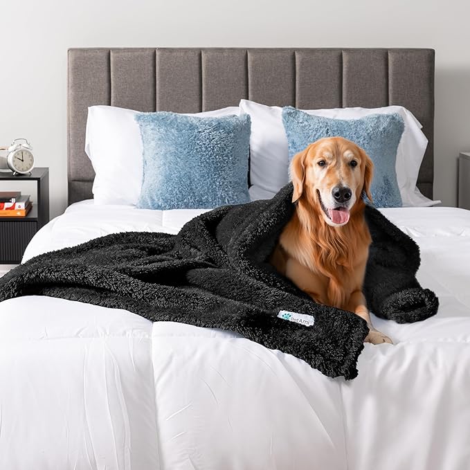 PetAmi Fluffy Waterproof Dog Blanket for Bed Large Dogs, Soft Warm Pet Sherpa Throw Pee Proof Couch Cover, Reversible Cat Blanket Sofa Crate Kennel Protector, Washable Mat Queen (Black, 90x90)