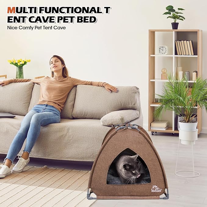 Winsterch Cat Bed Cave for Indoor Cats,Calming Cat Tent Cave Bed for Cats,Small Dogs, Puppy, Kitty, Kitten Bed,Cat House (18.5'' x 18.5'' x 15.8'', Brown)