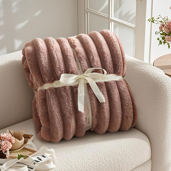 Amélie Home Faux Fur Throw Blanket for Couch, Ultra Cozy Fuzzy Fluffy Fur Luxurious Soft Striped Plush Gift Blankets for Family Sofa Chair Bedroom, 55"x70", Cationic Fox Brown