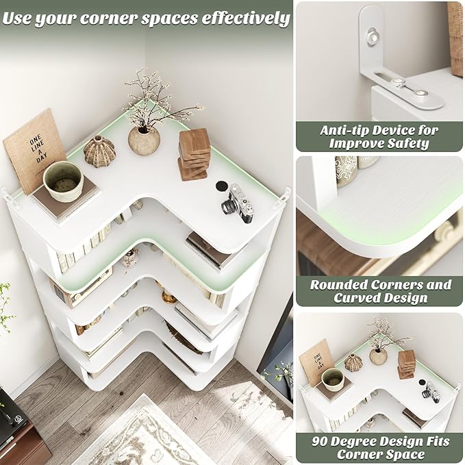 Armocity Corner Book Shelf - 6 Tier Corner Bookshelf Etagere Bookcase with Baffle, Freestanding L Shaped Display Shelf Stand for Home Office, Living Room, Bedroom, Kitchen, White