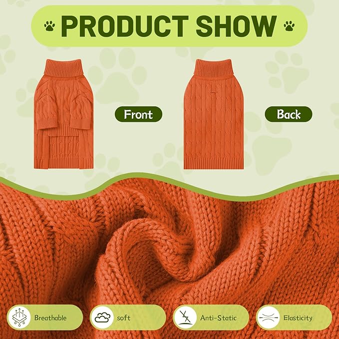 Small Dog Thermal Pullover Sweater, Classic Turtleneck Cable Knitwear Dog Clothes for Cold Weather Warm Pet Clothes for Chihuahua, Bulldog, Dachshund, Pug Orange Large