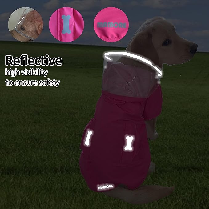 Waterproof Dog Raincoat, Adjustable Reflective Lightweight Pet Rain Clothes with Poncho Hood (Large, Dark Pink)