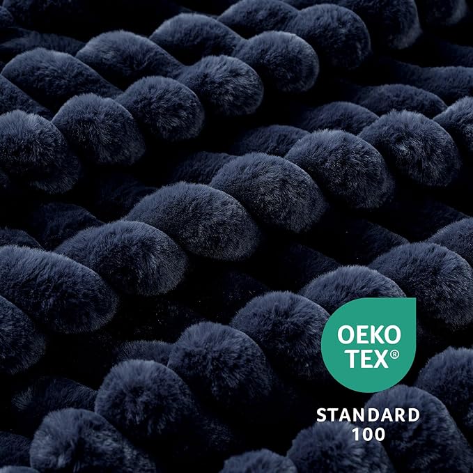 Amélie Home Faux Fur Throw Blanket for Couch, Cozy Fuzzy Fluffy Fur Luxurious Soft Striped Plush Gift Blankets for Family Sofa Chair Bedroom, 55"x70", Navy Blue