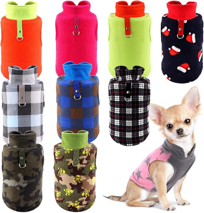 Reginary 10 Pack Small Dog Sweaters Fleece Pet Dog Clothes with Leash Ring Soft Warm Winter Puppy Plaid Shirt(Bright)