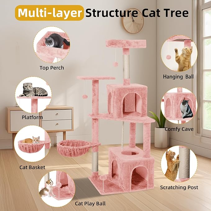 Cat Tree 54-Inch Cat Tower with Padded Plush Perch 2 Comfy Caves, Scratching Posts, Basket, 2 Pompoms, Multi-Level Plush Cat Condo for Indoor Cats Kittens, Pink