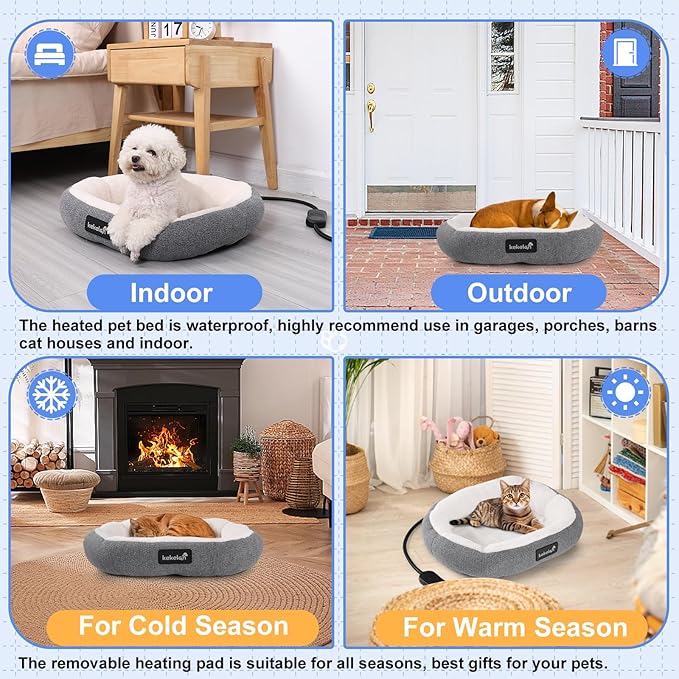 Indoor Heated Cat Bed, Heated Pets Bed for Indoor Cats Kitten Small Dogs Puppy Machine Washable Electric Warming Bed Mat Soft Cozy Pet Heating Pad with Timer & Temp Adjustable
