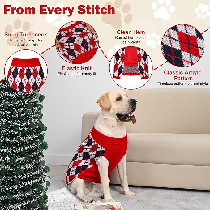 Dog Sweater for Large Dogs Plaid Checkered Knit Turtleneck Pullover Winter Clothes Boys Girls Stretch Golden Retriever Labrador Bulldog Pitbull Doberman Christmas Pet XL