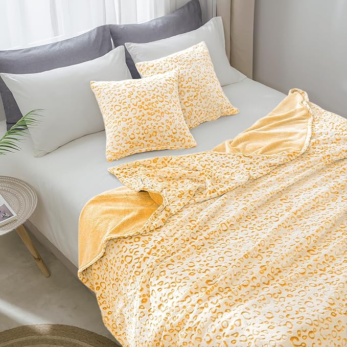 FY FIBER HOUSE Flannel Fleece Leopard Print Throw Blanket Super Soft Lightweight Fluffy Twin Blankets for Couch, 60"X80",Yellow