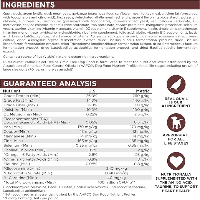 NutriSource Prairie Select Grain Free Dry Dog Food, Quail and Duck, 12LB