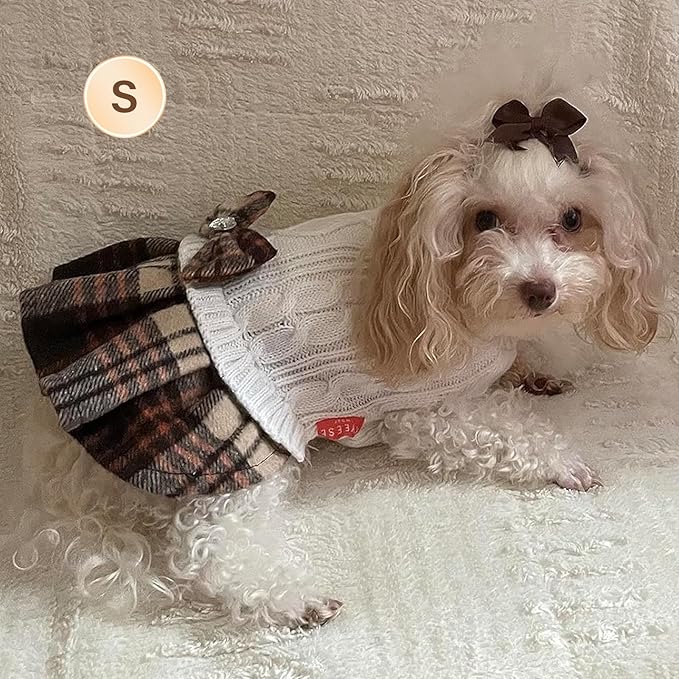 KYEESE Dog Sweater Thick Dogs Clothes with Bowtie Comfy Knitwear Dog Sweaters for Small Dogs Girl Warm Pullover Pet Coats Stretchy Cat Sweaters Soft Turtleneck Pet Sweater Dress, White, Small