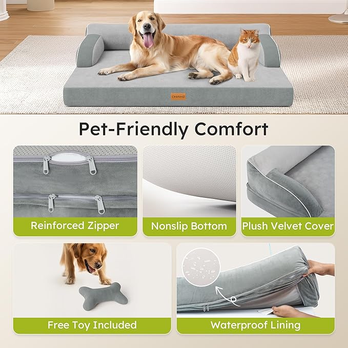 Large Orthopedic Dog Bed, Pet Bed Large Size Dog, Dual-Sided Cooling Beds with Memory Foam Washable Cover Nonslip Bottom, Waterproof Pet Beds with Bolsters, Light Grey