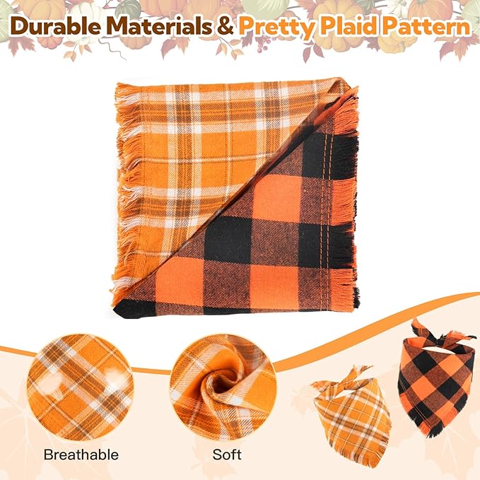 Kytely Thanksgiving Fall Dog Bandana 2Pack, Autumn Dog Bandanas, Orange Plaid Pet Scarf for Boy and Girl, Holiday Halloween Reversible Triangle Bibs Accessories for Dogs Pets(Small)