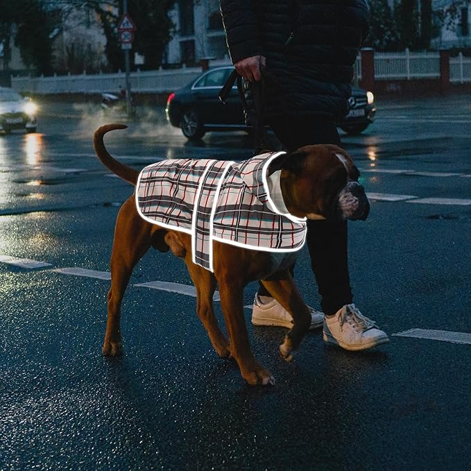 Dog Raincoat for Medium Dogs Waterproof Hooded Rain Jacket with Reflective Strips Leash Hole & Poncho Adjustable Fit (Plaid,M)