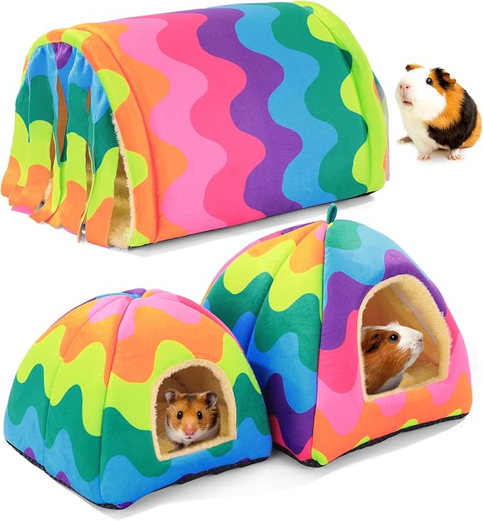 MABOZOO 3 Pack Guinea Pig House Accessories, Washable 2 Guinea Pig House and Hideout Tunnel with Curtains, Chinchilla Hideout for Hamster, Rabbit, Bunny, Chinchillas (Colorful)