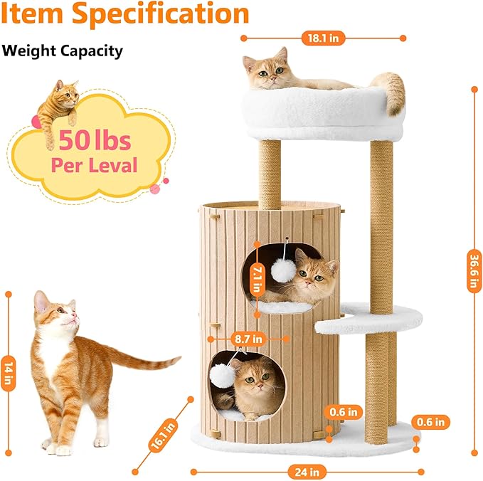 Modern Cat Tree for Indoor Cats Large Adult, 36in H Cat Condo Tower with Scratching Posts, Cozy Cat Bed Cave, Washable Cushions, Dangling Balls, Play&Nap Structure for All Breeds of Cats, Brown