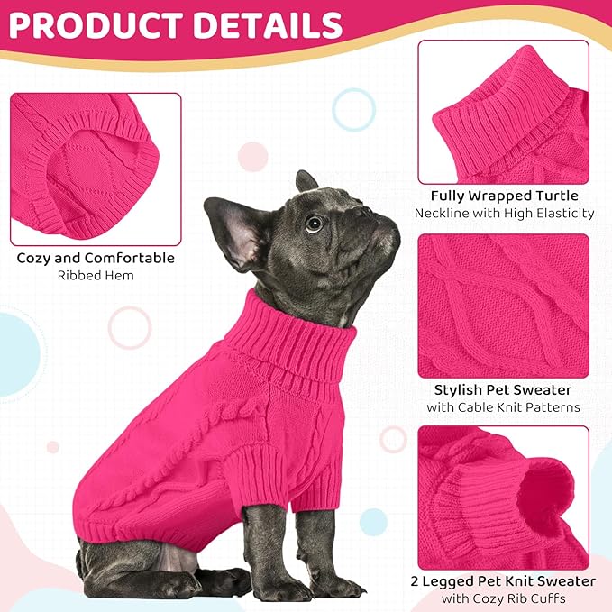 Queenmore Small Dog Pullover Sweater, Cold Weather Cable Knitwear, Classic Turtleneck Thick Warm Clothes for Chihuahua, Bulldog, Dachshund, Pug (Fuchsia, X-Small)