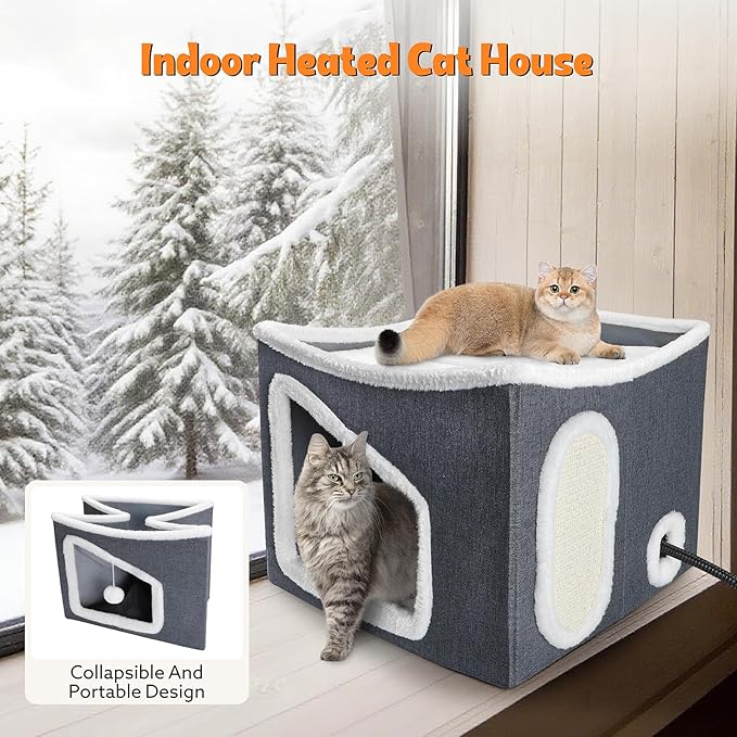 Heated Cat House for Indoor, Large Cat Bed with Heating Pad, Adjustable Temperature & Timing, with Fluffy Ball Hanging and Scratch Pad, Foldable Pet Hideaway for Small Medium and Large Cats（XL）
