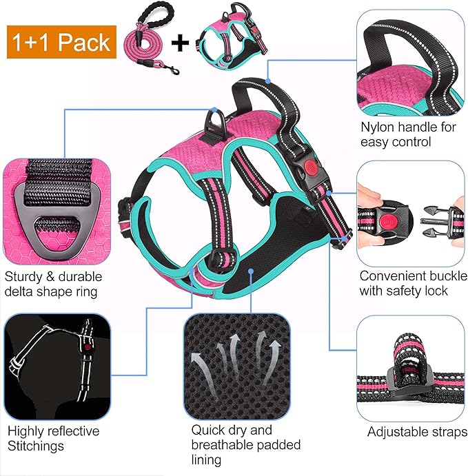 No Pull Harness with A Free Heavy Duty 5ft Leash for Medium Large Dog Adjustable Reflective Oxford Easy Control (L (Neck: 18"-25.5", Chest: 25.5"-31"), Pink/Blue Harness+Leash)