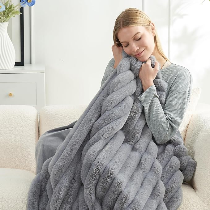 Cozy Bliss Faux Fur Throw Blanket for Couch, Cozy Warm Plush Striped Blanket for Sofa Bedroom Living Room, 50 * 60 Inches Gray