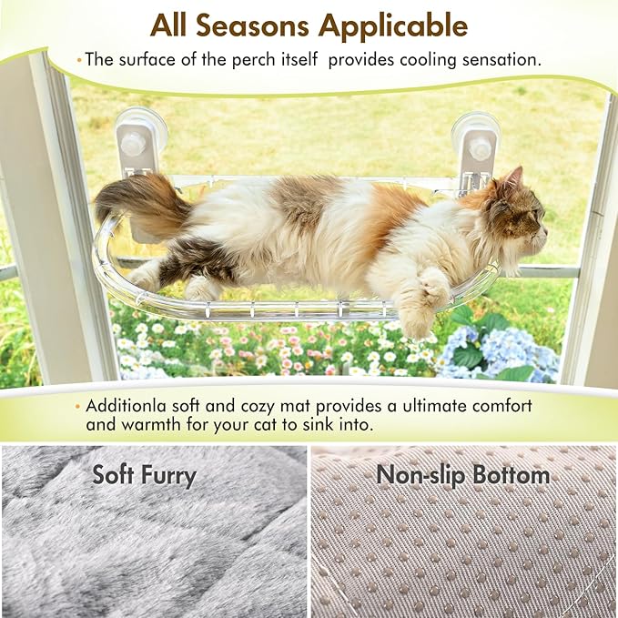 AMOSIJOY Transparent Cat Window Perch, Easy to Install & Clean Cat Hammock with 4 Enlarged Suction Cups for Large Cats, Panoramic Space Capsule Window Seat with Cozy Furry Mat