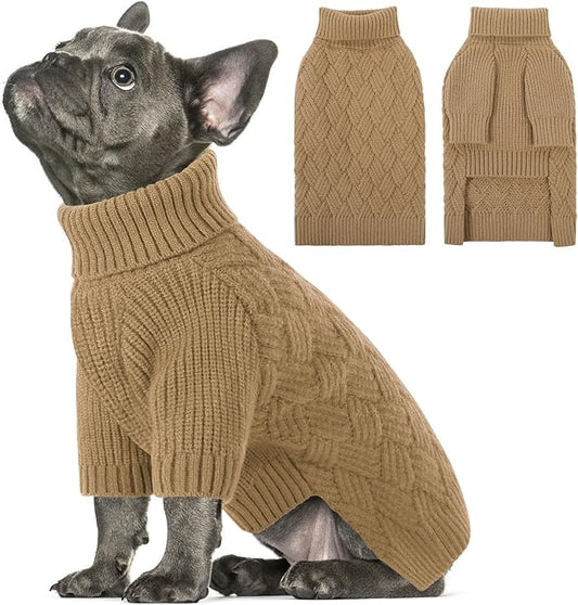 SUNFURA XS Dog Sweater, Small Dog Sweater Doggie Knitted Knitwear for Winter, Cat Pullover Christmas Sweatshirt for Yorkie Chihuahua, Warm Thick Turtleneck Clothes for Puppy, Camel X-Small