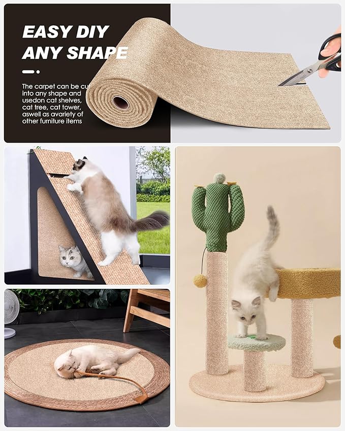 Cat Scratch Furniture Protector, Trimmable Self-Adhesive Carpet, DIY Climb Cat Scratcher Mat for Covering Cat Tower and Couch Protector from Cat Claws (78.7x15.8in Beige)