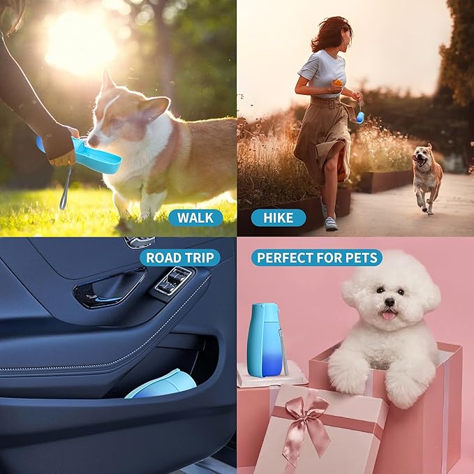 Dog Water Bottle, Travel Puppy Water Bowl, Leak Proof Portable Puppy Water Dispenser, Foldable Dog Water Bottle for for Pets Outdoor Walking, Hiking, Travel, Food Grade Plastic - 10oz Blue