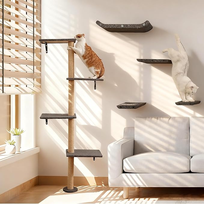 Tall Cat Scratching Posts,4 Tier Corner Cats Tree, Wall Mounted Kitten Tower,Carpeted Climbing Wall for Indoor Kitty Perching,Playing and Lookout (Grey)