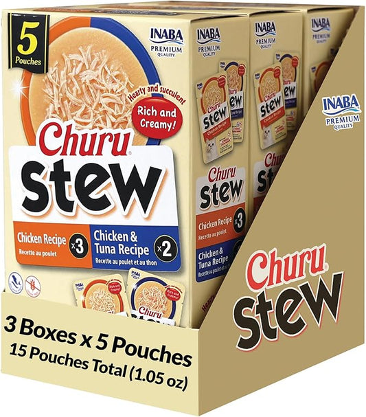 INABA Churu Stew for Cats, Broth Gelée with Shredded Chicken Side Dish with Vitamin E, 1 Ounce per Pouch, 15 Pouches Total, Chicken & Tuna Variety Pack