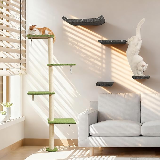 Tall Cat Scratching Posts,4 Tier Corner Cats Tree, Wall Mounted Kitten Tower,Carpeted Climbing Wall for Indoor Kitty Perching,Playing and Lookout(Green)