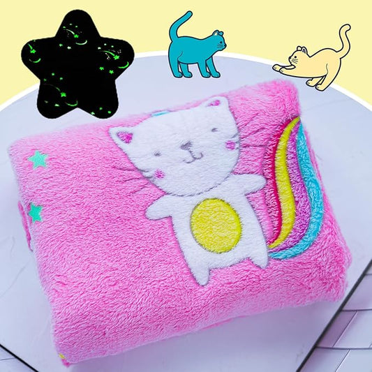 Halloween Glow in The Dark Pink Cat Throw Blanket with Storage Bag, Soft Blanket for Girls Boys, Camping Blanket, Gifts for Children Ages 1-10, Kids Blanket, Day Care Home Office Travel Use, Pink
