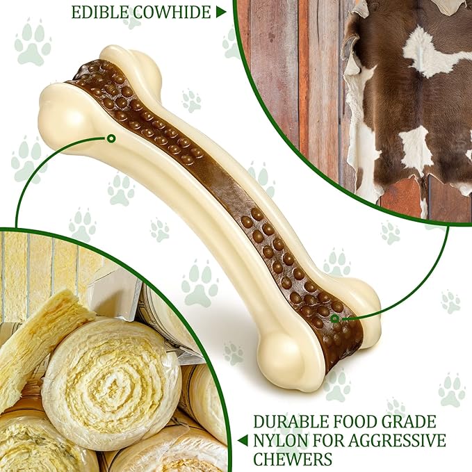Sosation Bones Shaped Dog Toys for Aggressive Chewers, 2 Pack Dog Chew Toys Puppy Teething Nylon Beef Flavor for Large/Medium/Small Puppies Breeds(Curved Bone,Large, Medium)