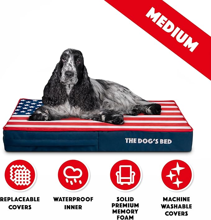 The Dog’s Bed Orthopedic Memory Foam Dog Bed, Medium Blue & Red Trim USA Center Flag, Pain Relief for Arthritis, Hip & Elbow Dysplasia, Post Surgery, Supportive, Calming, Waterproof Washable