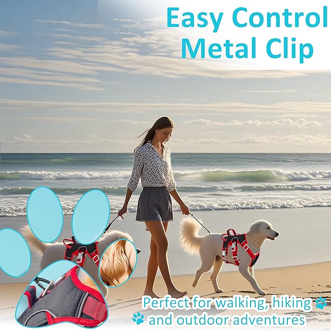 Escape Proof Dog Harness, No Pull Reflective Adjustable Vest with Easy Control Lift Handle, No Choke Soft Padded Breathable Full Body Pet Harness for Walking Hiking and Training (Red, Medium)