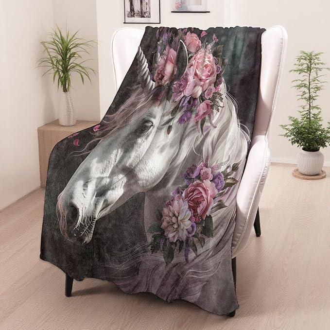 Unicorn Gifts, Unicorn and Floral Blanket for Adults Women Kids, 40x50 in, Cozy Fuzzy Warm Soft Throw Blankets for Bedroom, Camping, Couch, Decor