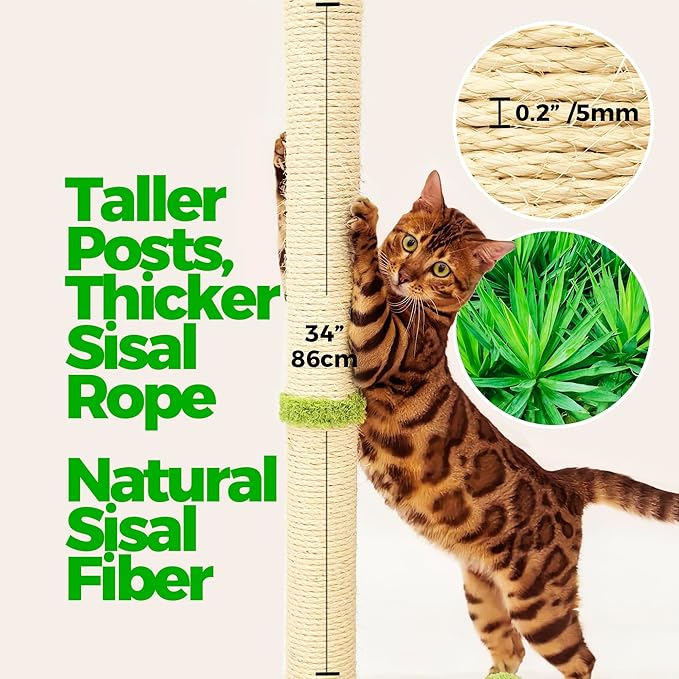 TINYBEAST 34" Tall Cat Scratching Post, Cat Scratcher Featuring Natural Sisal Rope, Cat Tree with Interactive Plush Toy Ball and Stable Base for Indoor Large Adult Cats & Kittens(Beige)