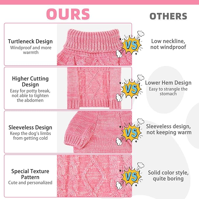 KOOLTAIL Thermal Knitted Dog Sweater for Small Medium Large Dogs, Turtleneck Cable Knit Doggy Winter Coat Warm Clothes Sweatshirt Outfits for Cold Weather,Pullover Pet Jumper for Puppy Cats Pink XL