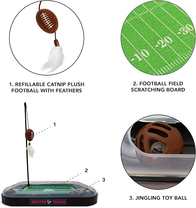 Pets First Catnip Toy HOUSTON TEXANS FOOTBALL FIELD CAT SCRATCHER TOY with CATNIP Filled Plush FOOTBALL Toy & Feather Cat Toy hanging, with Jingle Bell INTERACTIVE BALL Cat Chasing 5-in-1 KITTY Toy