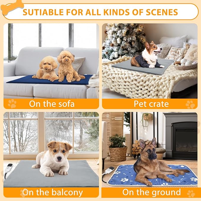 Dog Heating Pad 34"*21" for Outdoor Cat, 9 Adjustable Temperature Pet Heating Pad with Timer, Indoor Warming Waterproof Heated Dog Bed Mat with Line Protection Tube, Replacement Cover for Puppy Kitten