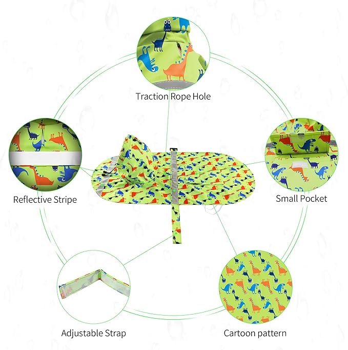 NACOCO Large Dog Raincoat Adjustable - Pet Dinosaurs Water Proof Clothes Lightweight Rain Jacket Poncho Hoodies with Strip Reflective Green (XXL, Green Dinosaur)