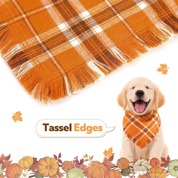 Kytely Thanksgiving Fall Dog Bandana 2Pack, Autumn Dog Bandanas, Orange Plaid Pet Scarf for Boy and Girl, Holiday Halloween Reversible Triangle Bibs Accessories for Dogs Pets(Small)
